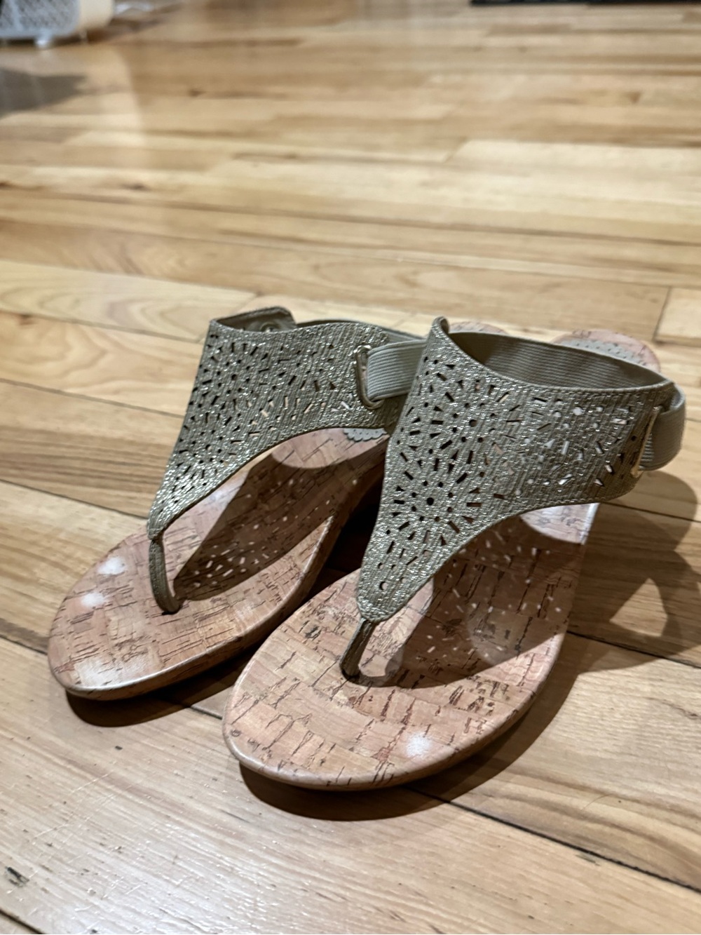 Metallic Gold Wedge Thong Sandals with Cork Footbed Size 6